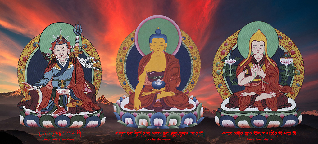 Guru Rinpoche, Buddha Shakyamuni, Lama Tsongkhapa